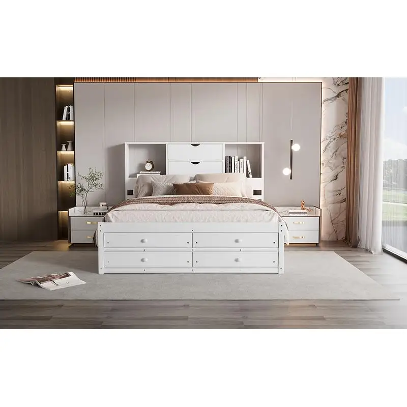 سرير بمنصة بحجم كوين مع لوح رأسي للتخزين و8 أدراج باللون الأبيض