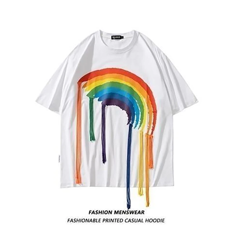 

Summer Rainbow Print Tassel Men O Neck Short Sleeve Sweatshirt Cotton Fashion Casual Loose Oversize T Shirt Clothing Black White