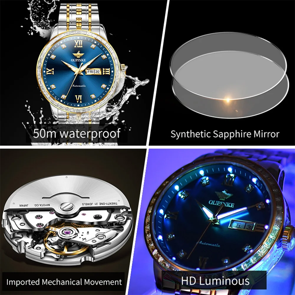 OUPINKE 3258 Automatic Watch High-end Japan Mechanical Movement Luxury Diamond Watch Men's Dual Calendar Display Men's Watch