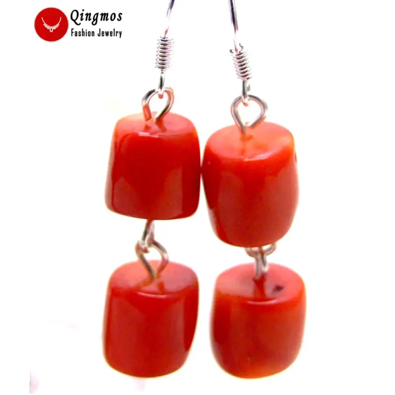 Qingmos Fashion GENUINE 10-11mm Thick Slice Knobble Natural Red Coral Earring for Women Jewelry with Hook Dangle Earring b412