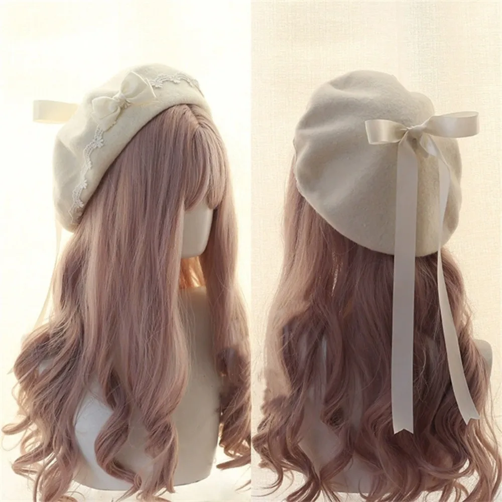 Fashion Lolita Japanese Style Beret Hat Woolen Sweet Bow Beret Handmade Warm Artist Hat Women Girls