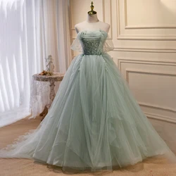 Evening Dress Strapless Appliques Short Sleeve Lace Up Green Pleat Floor Length Tulle A-Line Plus Size Women Party Dresses B2664