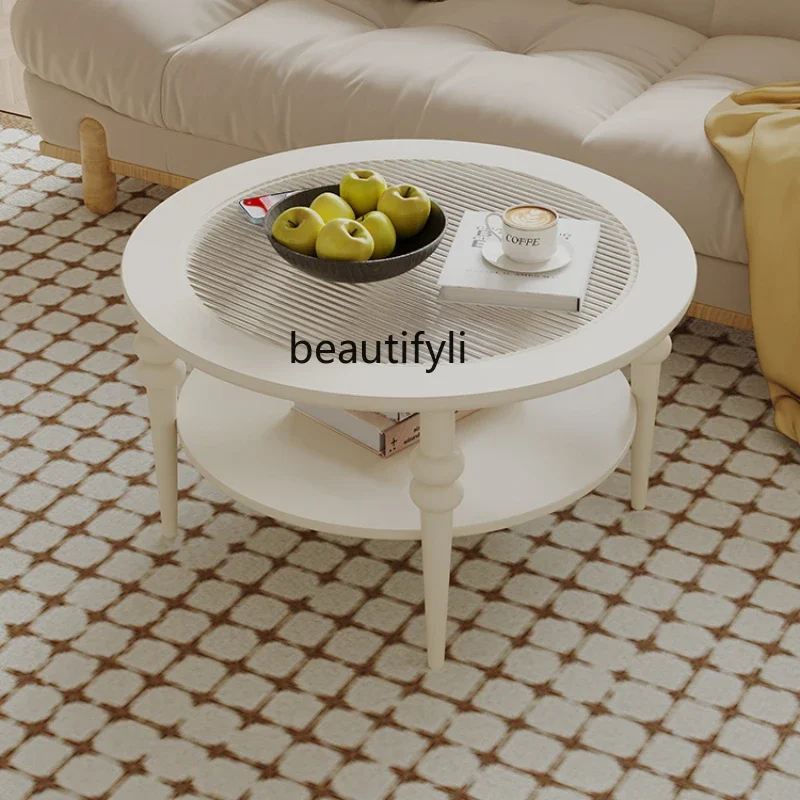 

French Cream Style round Tea Table Small Apartment Living Room Home Tea Table White Changhong Glass Tea Ceremony Table