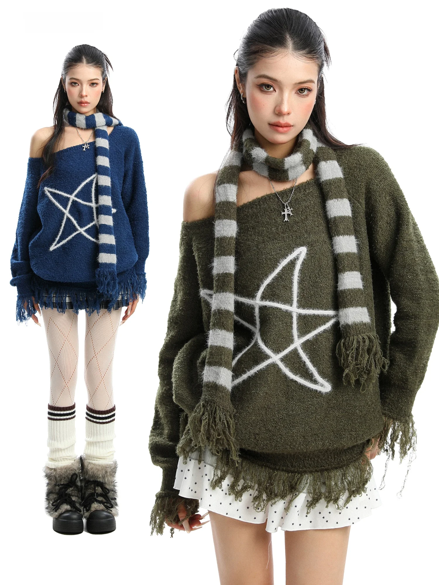 

Вязаный свитер Biggold Lazy Feel Star с асимметричным вырезом на плече, женский, осенне-зимний, с бахромой, теплый, с длинными рукавами