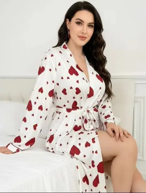 

Pajama Robe Coat For Ladies Casual Heart Printed Pajamas Breathable Comfortable Soft Belted Kimono Bathrobe Loungewear Pajamas