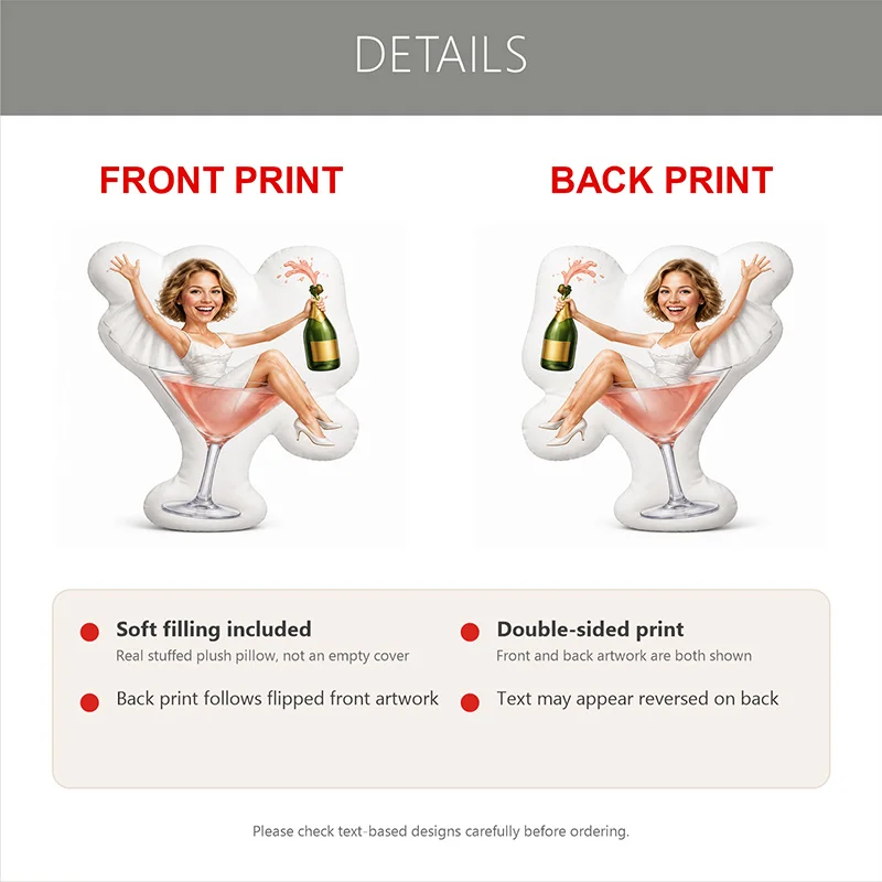 Custom Personalized Photo Face Pillow, Woman in Roostertail Glass Holding Champagne Custom Shaped Decorative Cushion, Unique Hom