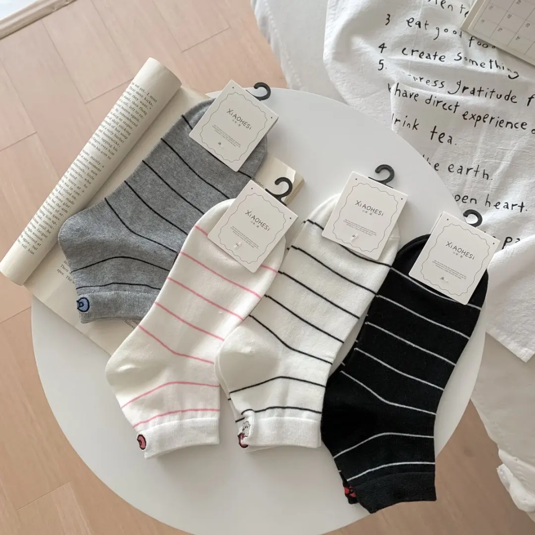 4 Pairs of Spring and Summer New Products Thin Children Bow Kitten Socks Short Socks Casual Cute Cartoon Striped Women's Socks