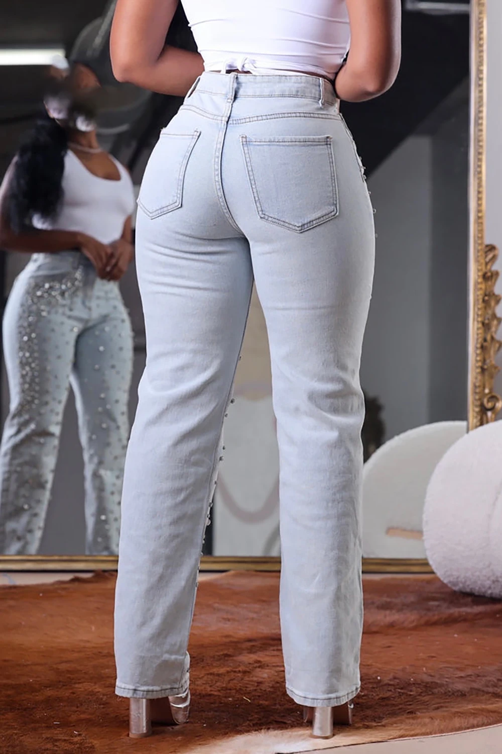 بنطلون جينز نسائي جديد لعام 2026 مع خرز وخصر مرتفع، بنطلون مستقيم كاجوال للنساء، ملابس الشارع الأنيقة، سروال دنيم نسائي