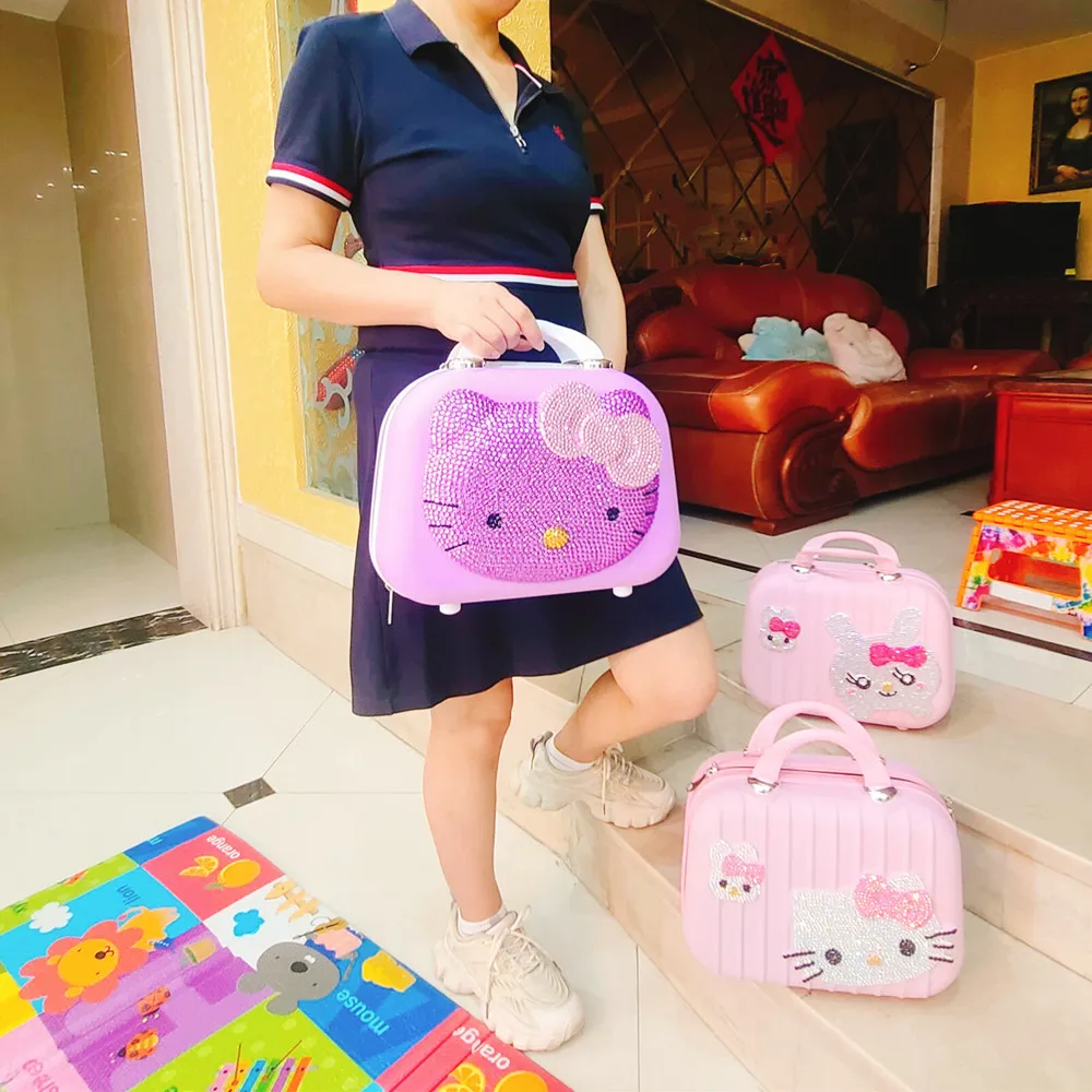 

14Inch Girl Travel Bag Hellokittys Diamond Portable Suitcase Gift Box Festival Souvenirs Cosmetic Large Capacity Case Suitcase