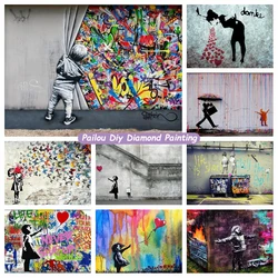 Banksy Behind The Curtain Graffiti Art 5d Diamond Painting Butterfly Girl Street Artwork Crystal Cross Stitch Craft Wall Decor