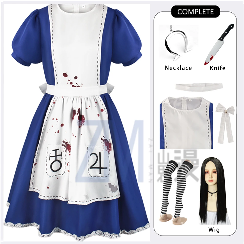 อะนิเมะ Alice คอสเพลย์เกม Alice Madness Returns ชุดแม่บ้านวิกผม Cos สร้อยคอผู้หญิงผู้ชายรองเท้ารองเท้า Carnival Prop