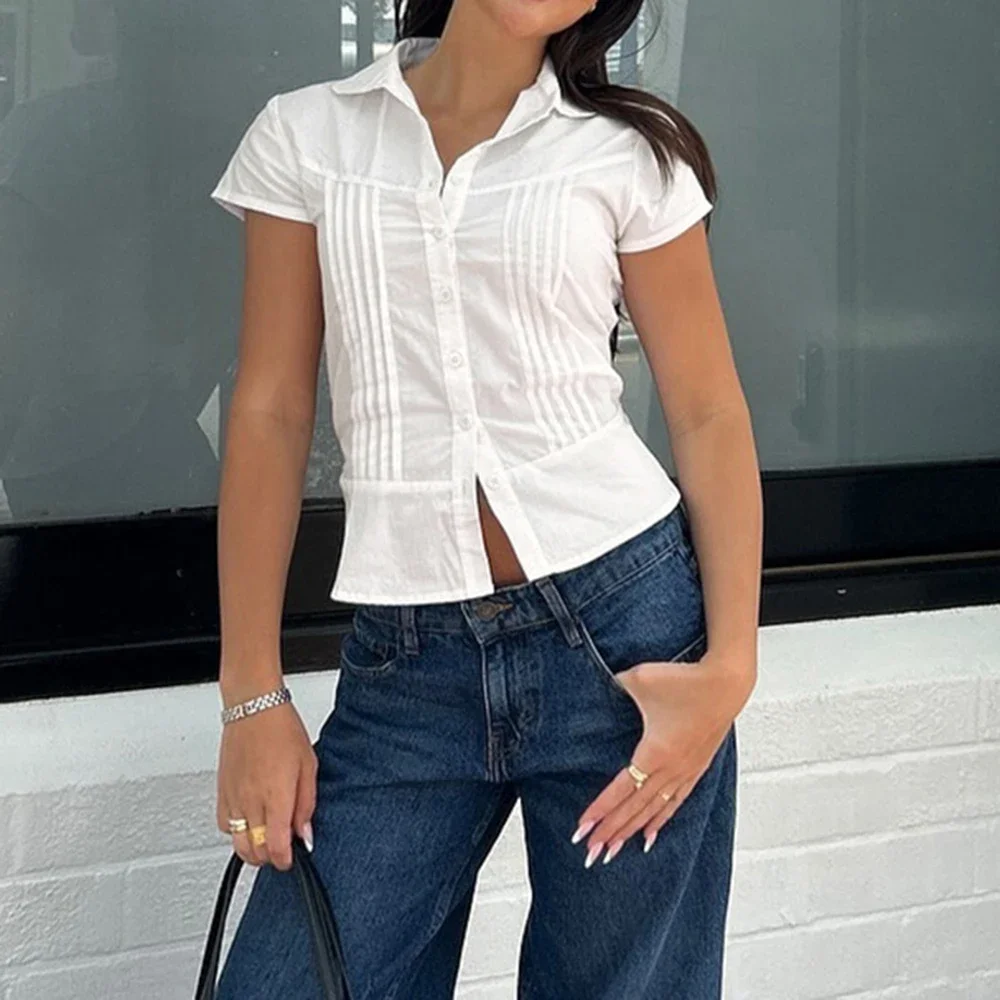 

Shirts Summer Casual Simple Button Short Sleeve Shirt Collar Daily Basic Shirts For Women