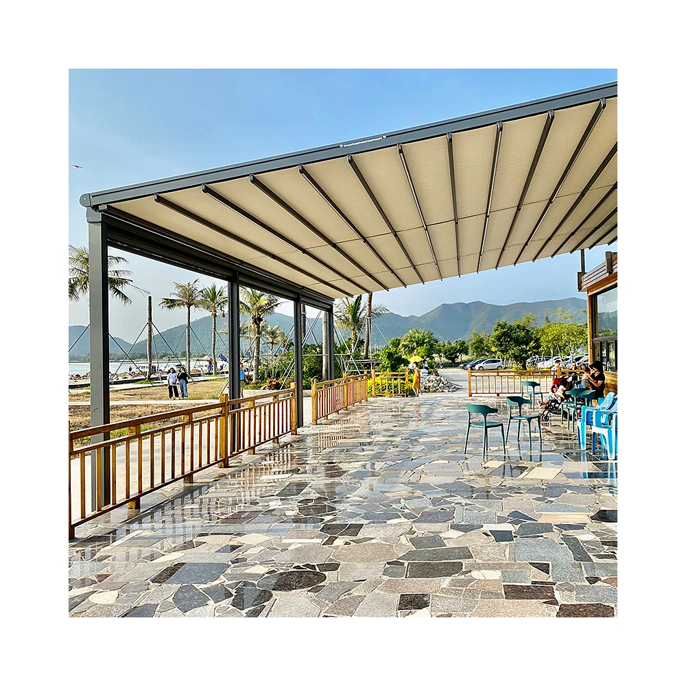 

Outdoor Aluminum Pergola Motorized Remote Control Sun Shade Rain Protection Patio Cover 5m Automatic Retractable Roof Awning PVC
