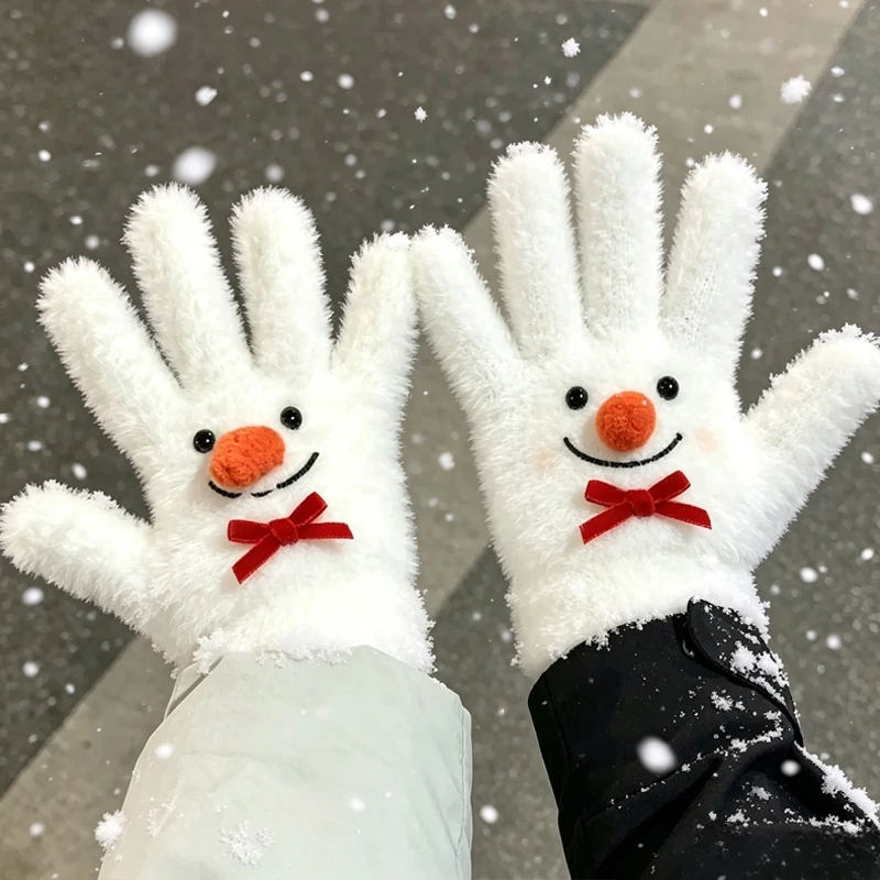 Christmas Cartoon Snowman Plush Gloves Girls Red Nose Warm Full Finger Soft Fluffy Women Child Winter Gifts Cozy Cute Bow Gloves