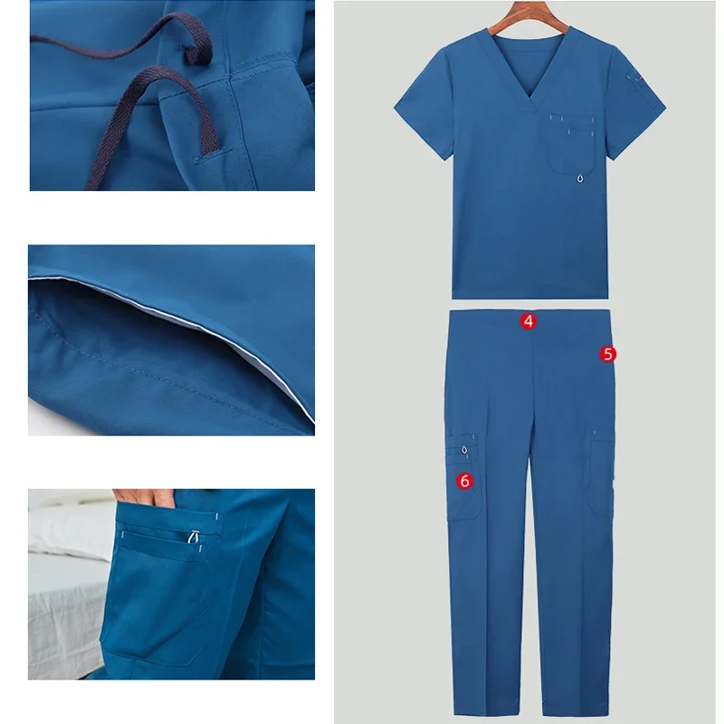 Scrub Uniform Nurse Workwear Scrubs Set Top Pant Nursing Uniforms Women Men V Neck Doctor Working Suits Solid Color 9901-01