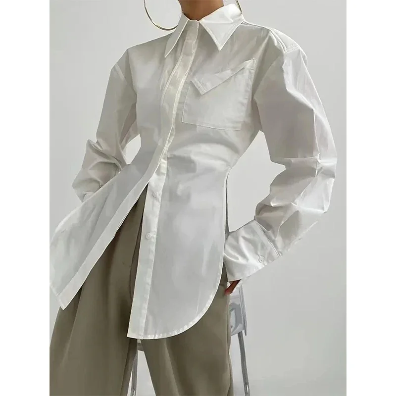 Korean Elegant White Shirts Women Fashion Streetwear Long Sleeve Blouses Korean Simple Pocket Button Up Ladies Design Tunic Tops