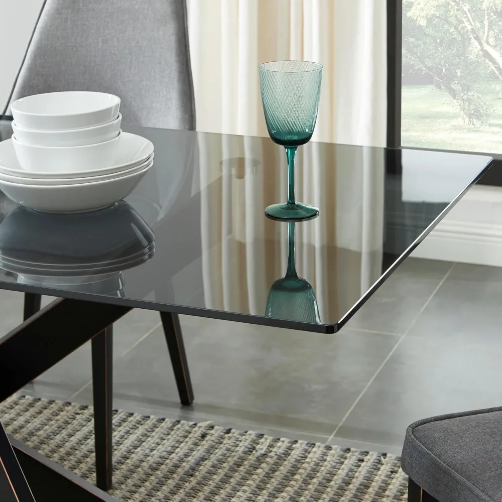 طاولة طعام حديثة من الزجاج المقسى باللون الرمادي مع أرجل معدنية سوداء، بطول 58.5 × 29 عريضة × 30 مرتفعة #6