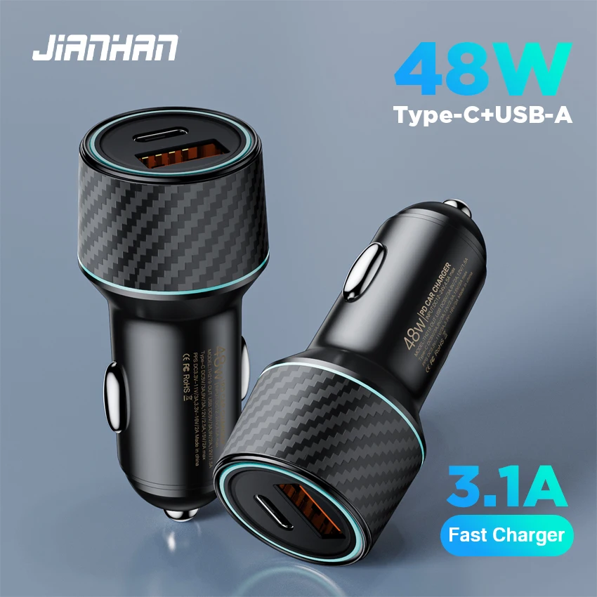 JianHan 48W Car Charger 5A Fast Charging Type C Quick Charge 3.0 QC PD 3.0 SCP USB Car Charger For iphone Xiaomi Samsung Charger