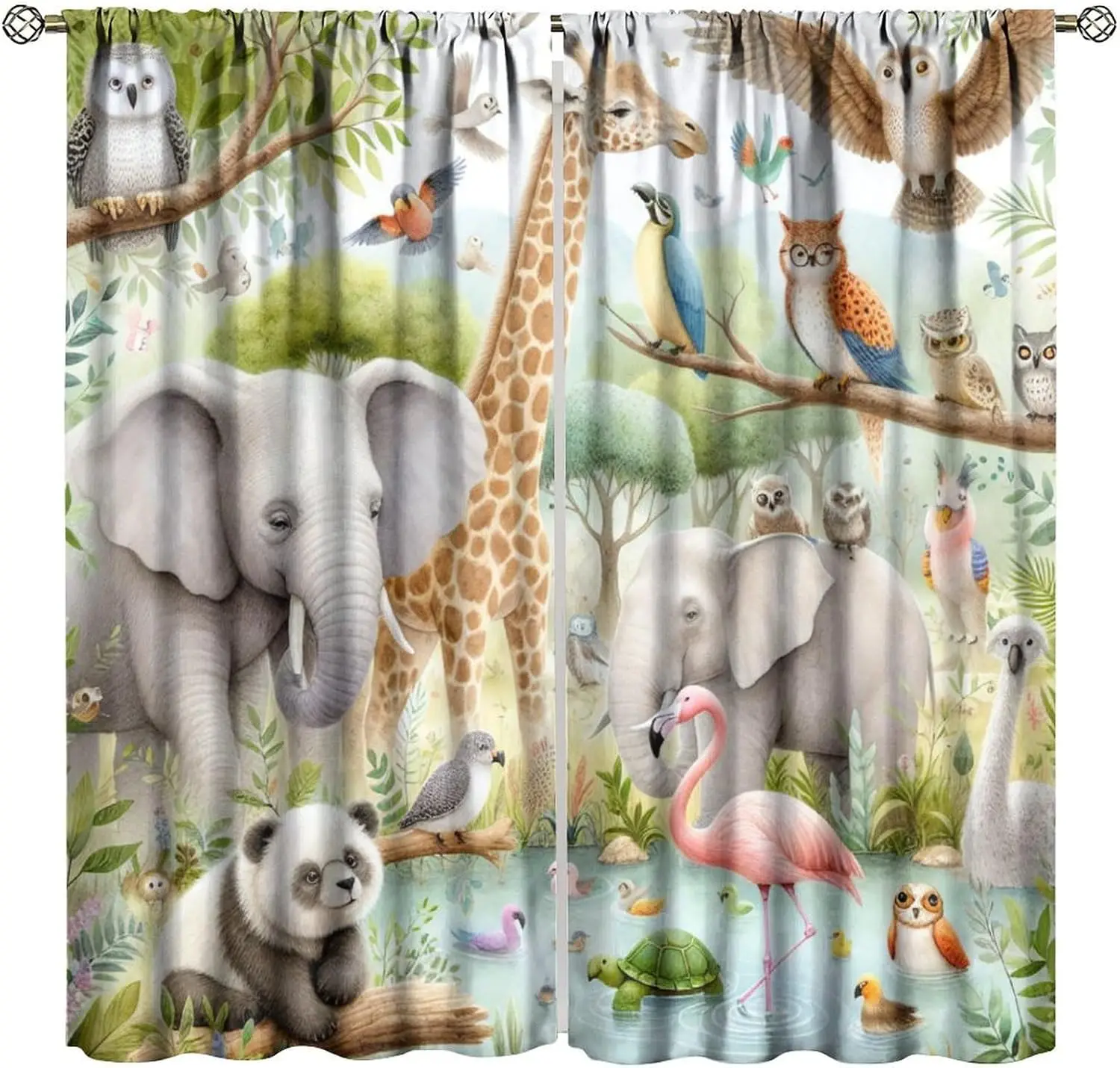 Tropical Forest Animal Curtains, Watercolor Elephant Giraffe Panda Flamingo Owl Pond Scene Print Drapes for Boys Girls Bedroom