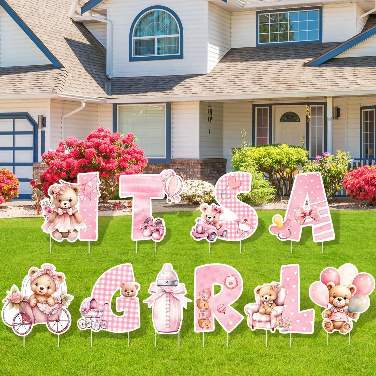 Its A Girl Yard Sign Teddy Bear Baby Shower Decorations Pink Large Welcome Home Baby Girl Pink Lawn Gender Reveal Signs with Sta