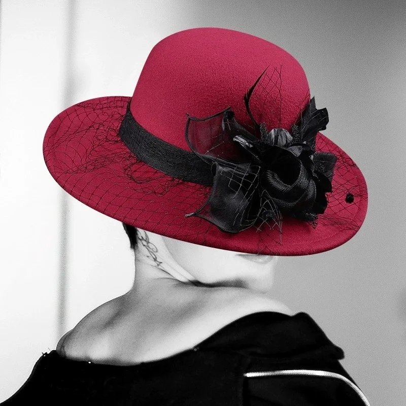 European and American-Style Retro French Tulle Floral Wool Bowler Hat: Elegant Wide Brim, Stylish and Warm, Perfect for Moms