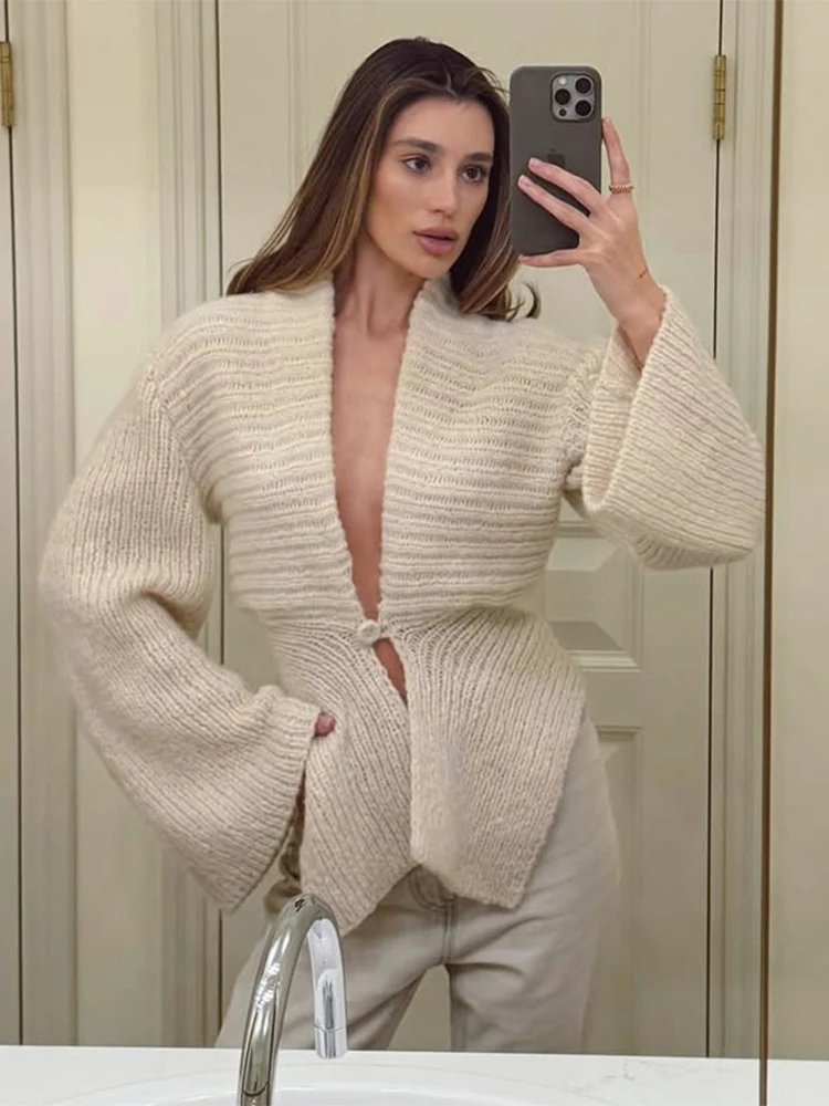 

Kliou Single Button Cardigan Sweater Coats Woman Autumn New Style Crochet Deep V-Neck Full Sleeve Office Style Elegant Jackets