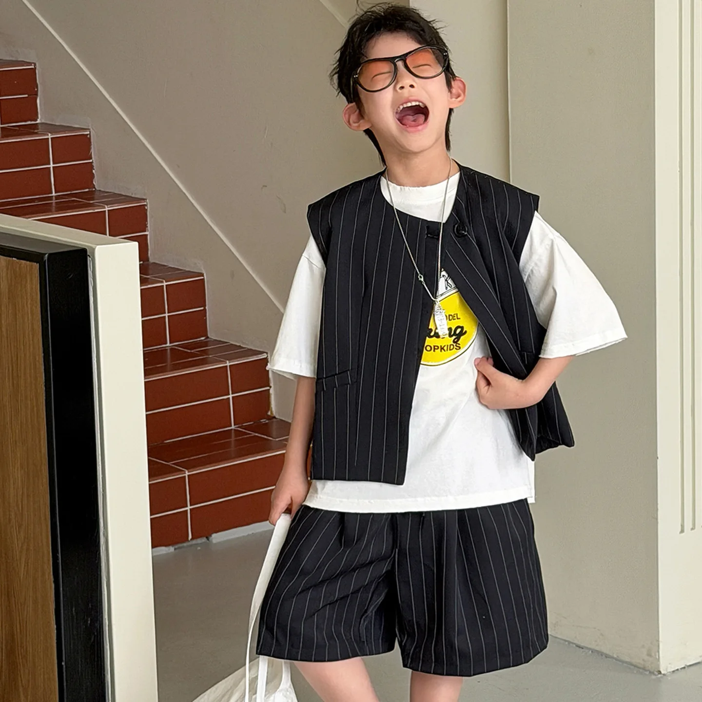 

Children Clothes Set Summer 2026 Korean Style Casual Striped Jacket Boys Simple Fashionable Loose Shorts Two Piece Set