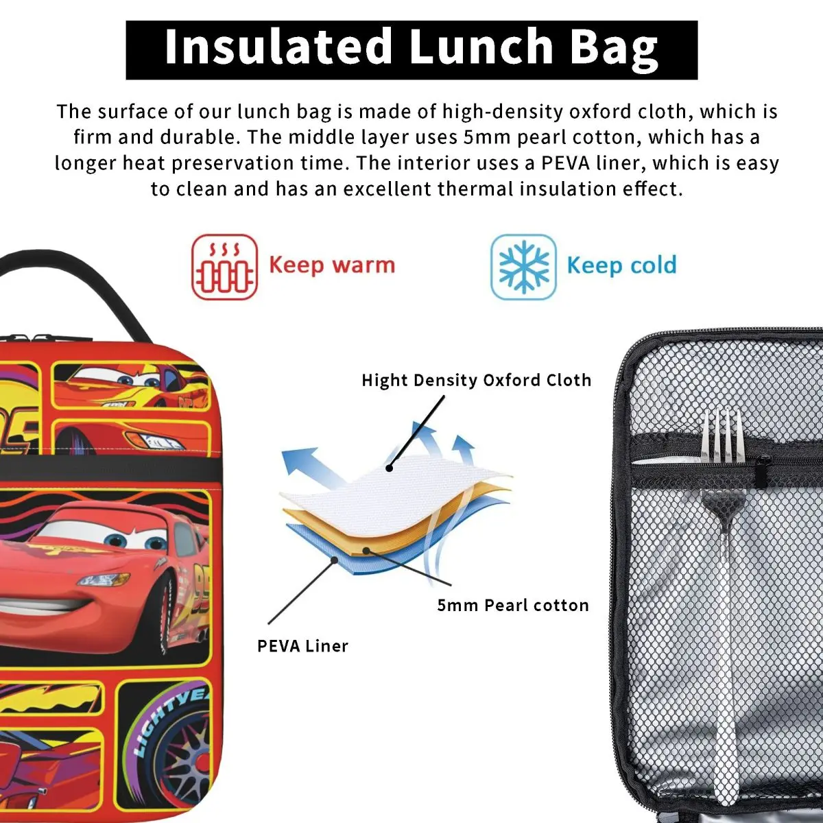 البرق ماكوين سيارات الغداء حقيبة للنساء علب الاغذية الرجعية في الهواء الطلق نزهة حقيبة للحفاظ على البرودة المحمولة أكسفورد الحرارية حمل حقائب اليد