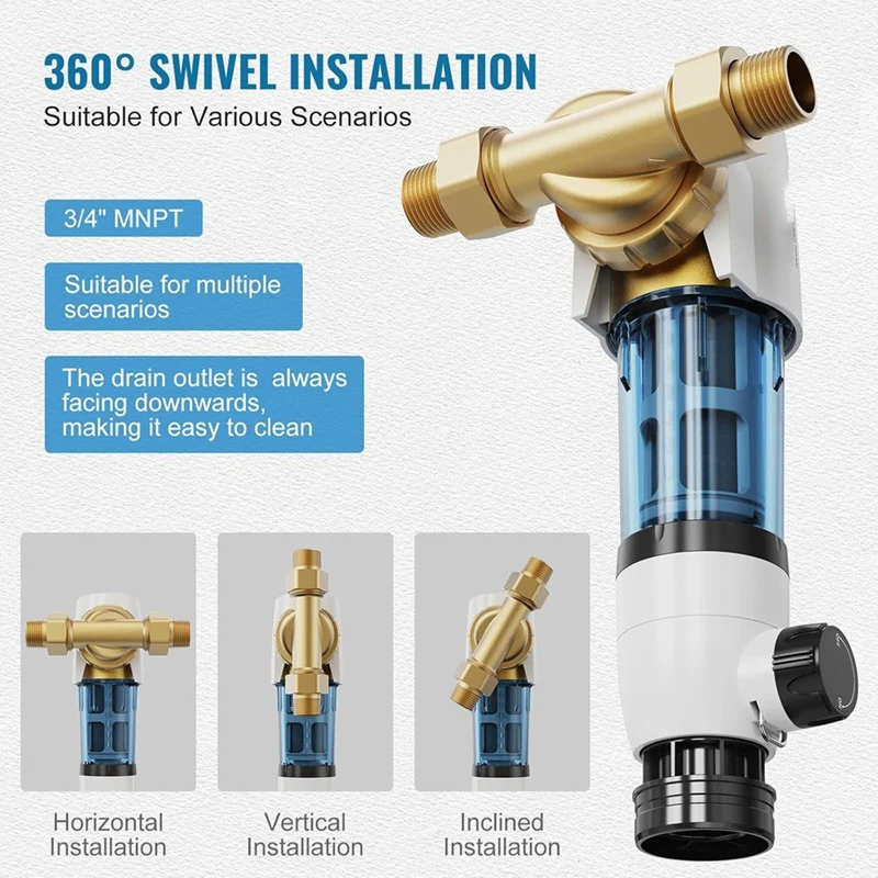 Sediment Filter, 360° Mountable Spin Down Sediment Filter,20 GPM Reusable Whole House Sediment Water Filter,3/4In MNPT