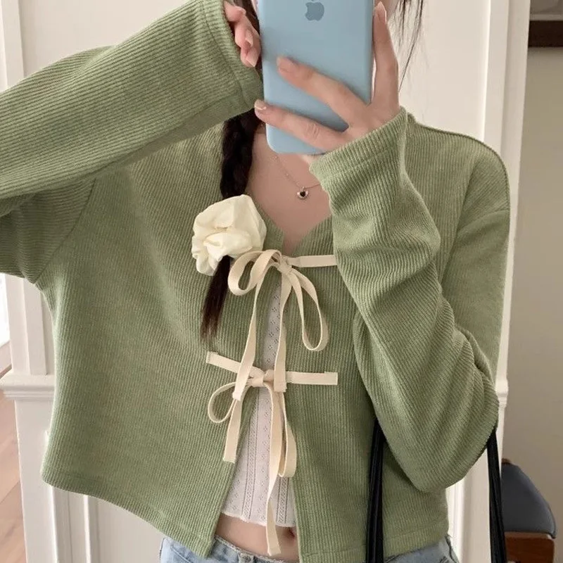 Spring Autumn New Round Neck Fashion Long Sleeve Knitting Cardigan Women High Street Elegant Casual Bow Lacing Comfortable Tops