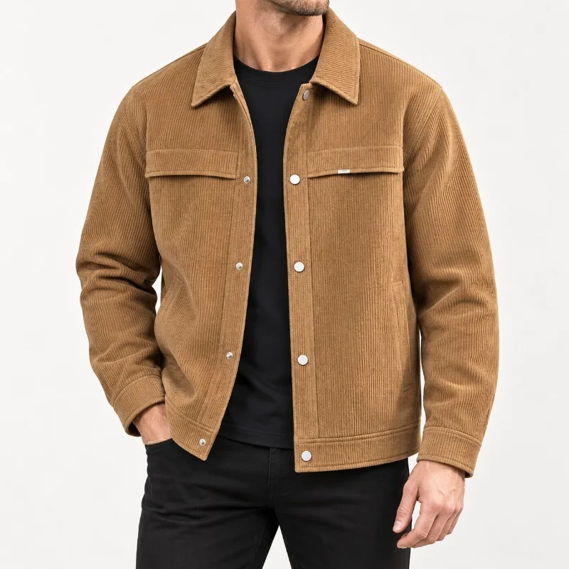 Men's Corduroy Jacket Snap Button Front Dual Flap Chest Pockets Turn Down Collar Long Sleeve Regular Fit Casual Shirt Jacket