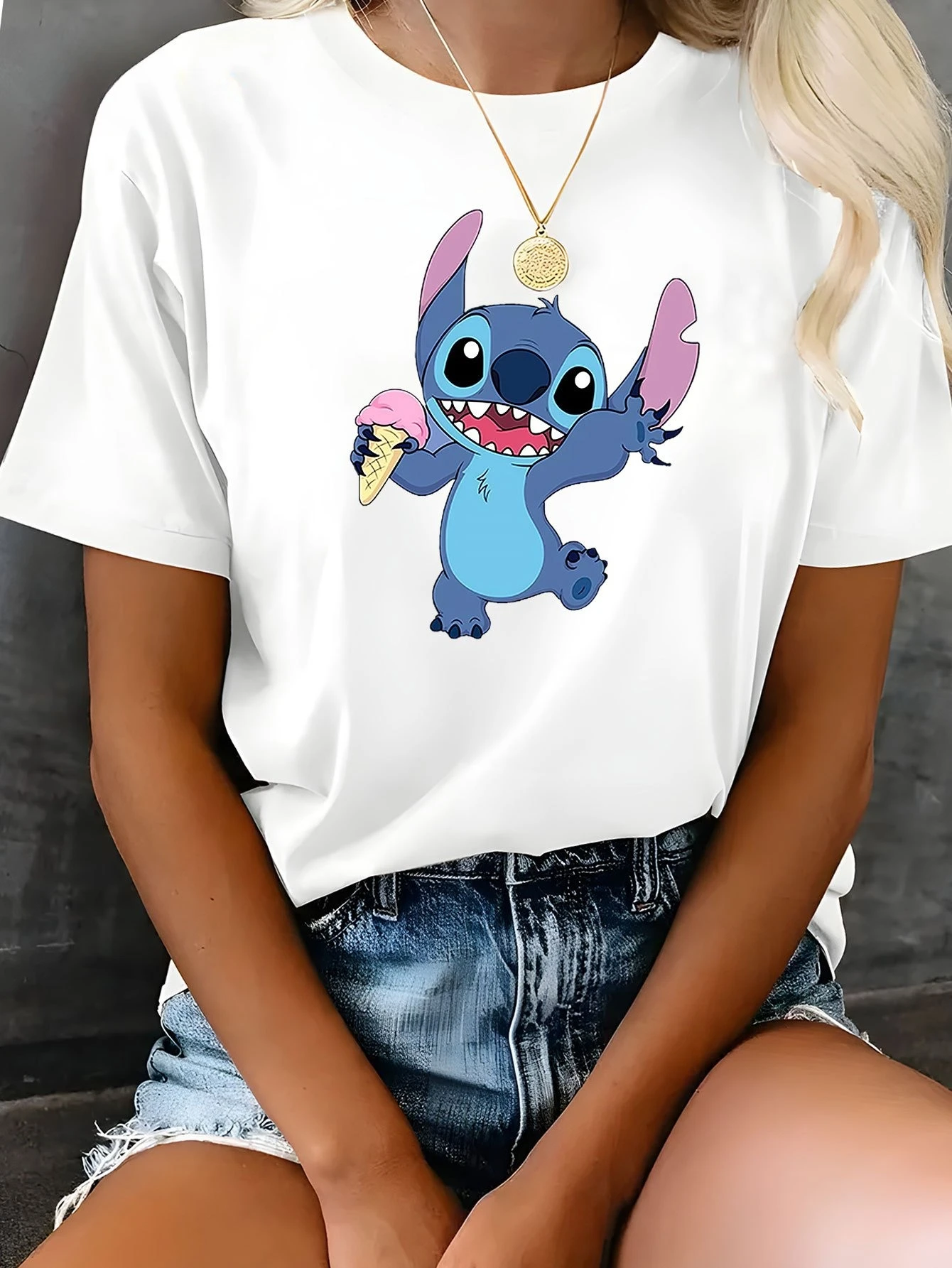 

Stitch Cartoon Graphic Printing Summer Autumn Winter Cotton Men's and Women's T-shirts Short Sleeves Luxury Outdoor Sports Brand