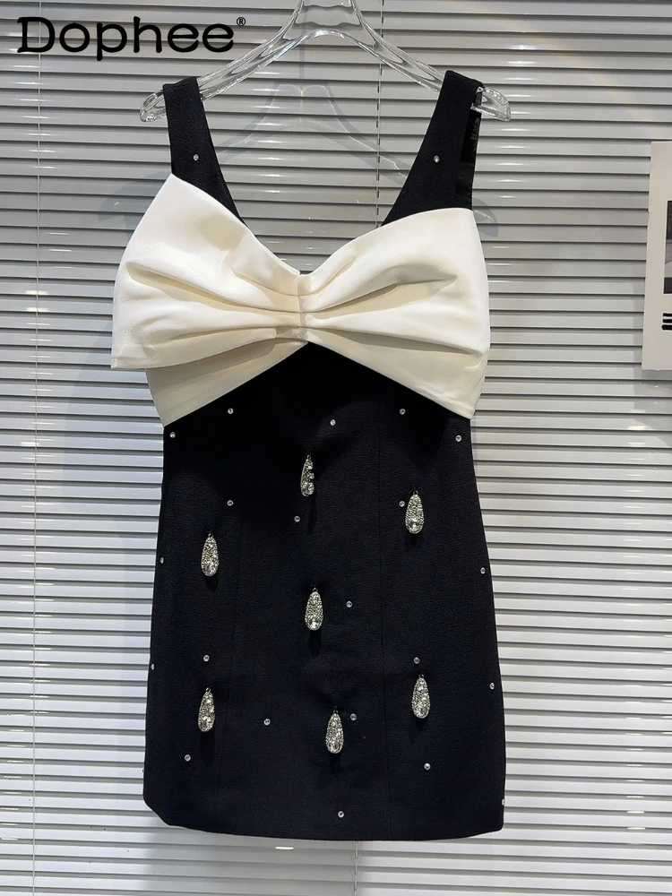 

Elegant Socialite Big Bowknot Decorative Sleeveless Black Dress 2024 Summer New Drop-Shaped Diamond Strap Dress Women Mini Dress