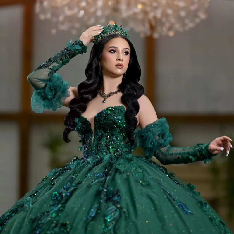 

Shiny Dark Green Quinceanera Dress off-shoulder Sequins 3D Flower Decal Lace Long tail Bow vestidos de 15 Quinceanera ﻿Customize