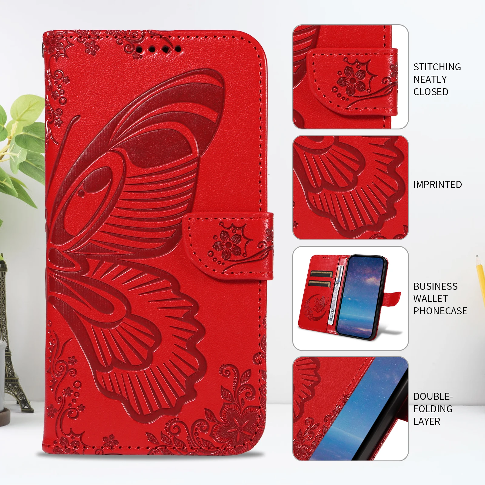 

Phone Case With Butterfly Embossed Effect Leather Phone Case With Full Matte Finish Suitable For iPhone 13 12 Series