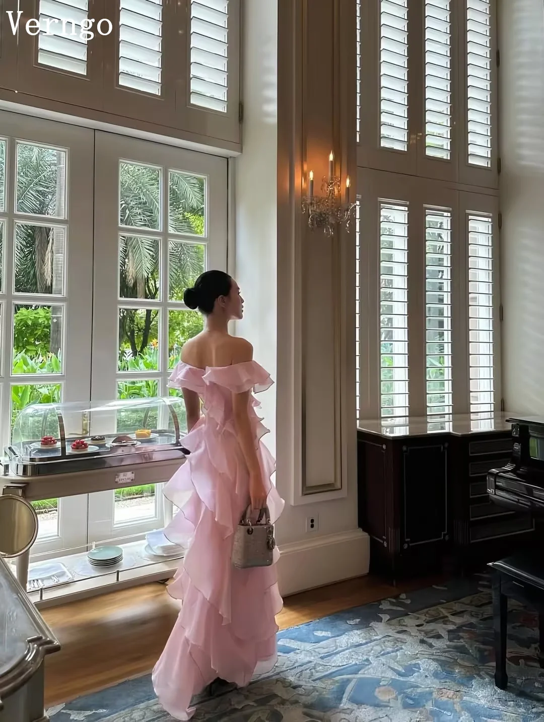 

Verngo Pink Chiffon Evening Dress Off The Shoulder Tiered A Line Prom Dresses Modern Holiday Party Gowns 2026 Customized