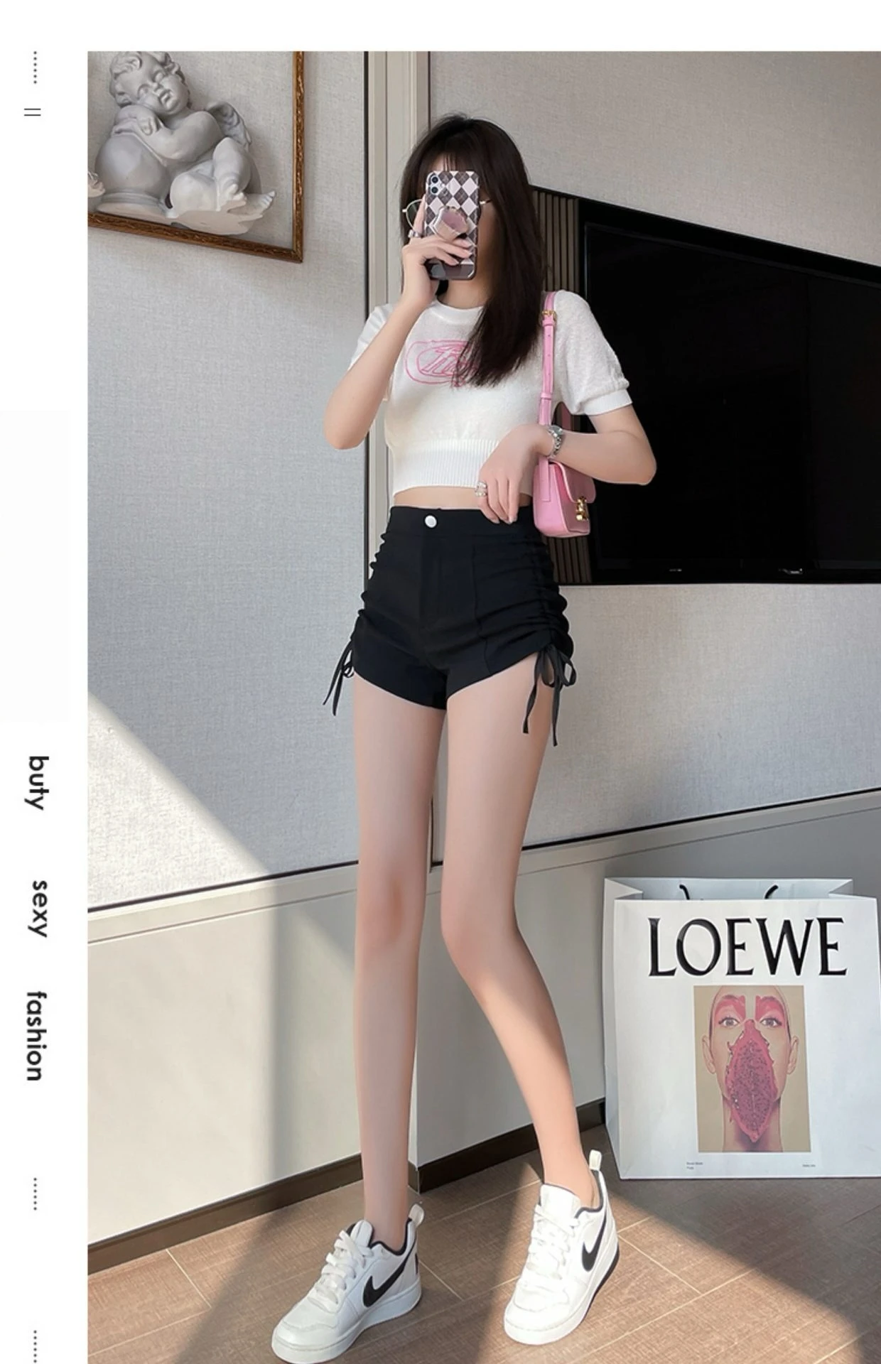 2026 Neue Frühjahr-Herbst Damen Schwarze Casual-Shorts mit seitlichem Kordelzug-Design, petite-freundlich, schlankmachend, schmeichelhaft, Outdoor-Streetwear-Shorts – Detail 3
