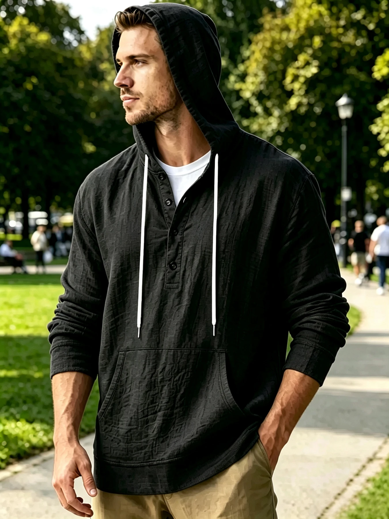 Men's Henley Hoodie Sweatshirt, Casual Daily Style, Half Button Placket, Drawstring Hood & Kangaroo Pocket, Breathable Textured