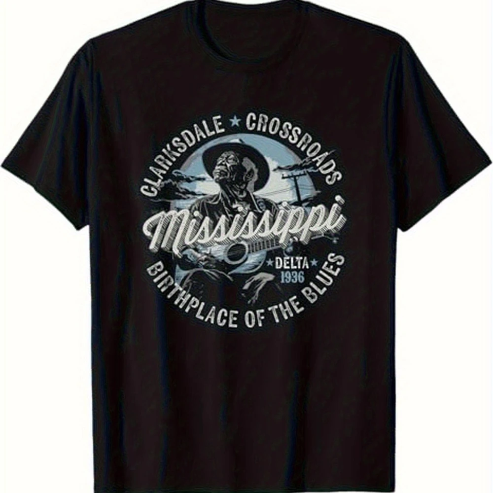 Herren-T-Shirt mit Vintage-Blues-Grafik, Clarksdale, Mississippi, Geburtsort des Blues, Design, schwarzes T-Shirt, leicht, für den Sommer