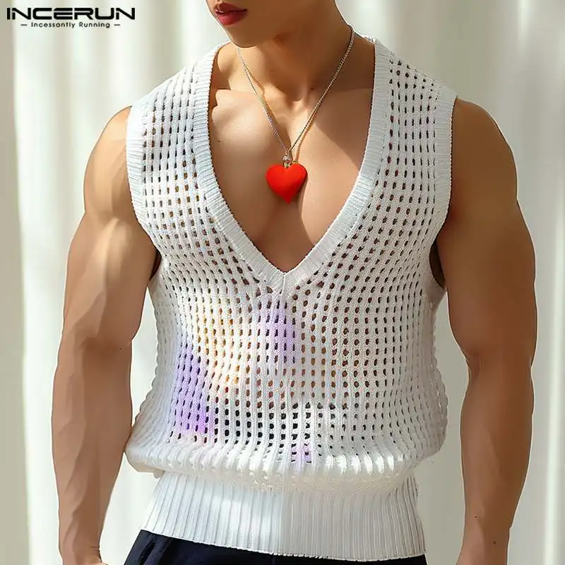 INCERUN Tops 2024 American Style Men's Hollow Mesh V-neck Sleeveless Vests Summer Casual Streetwear Hot Selling Tank Tops S-5XL