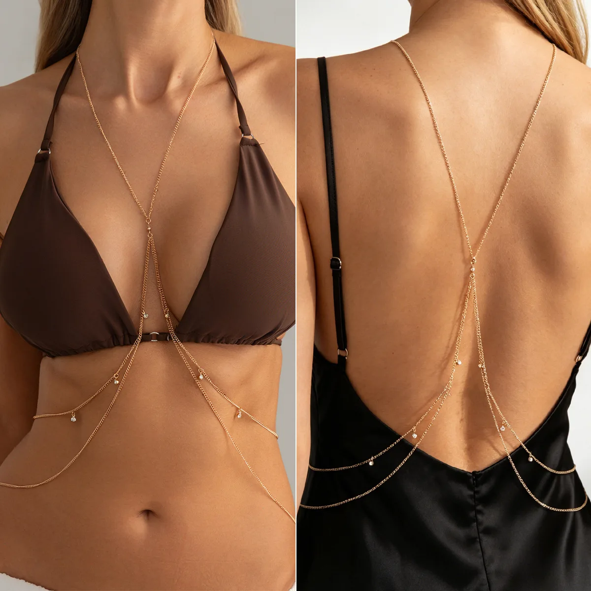 Body Chain Y Shape Backless Rhinestone Tassel Vacation Adjustable Thin Metal Premium Durable Lightweight Y2K Chic