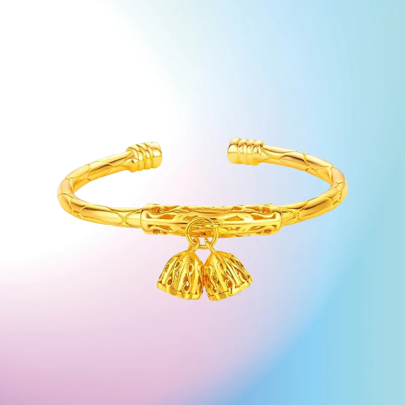

new 9999 Real Gold 24K Genuine Two Worlds Lotus Bracelet with Bell Female Gold Young Solid Open Bracelet