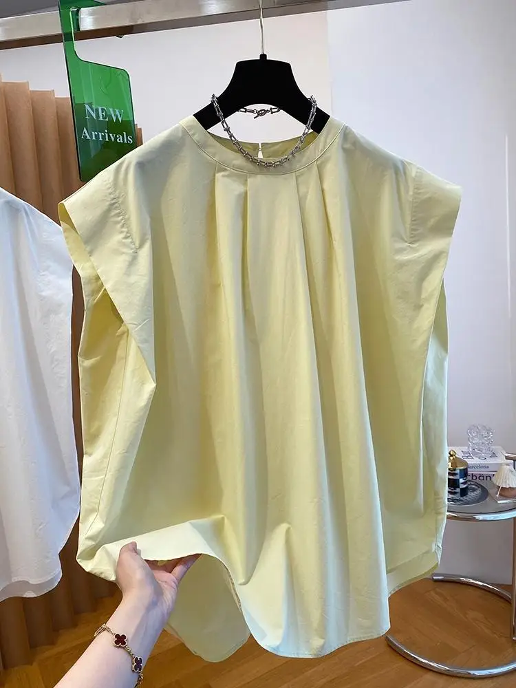 

Женская одежда, повседневная свободная однотонная рубашка, летняя мода, топ с круглым вырезом и короткими рукавами, французские универсальные пуловеры Y2k, рубашка