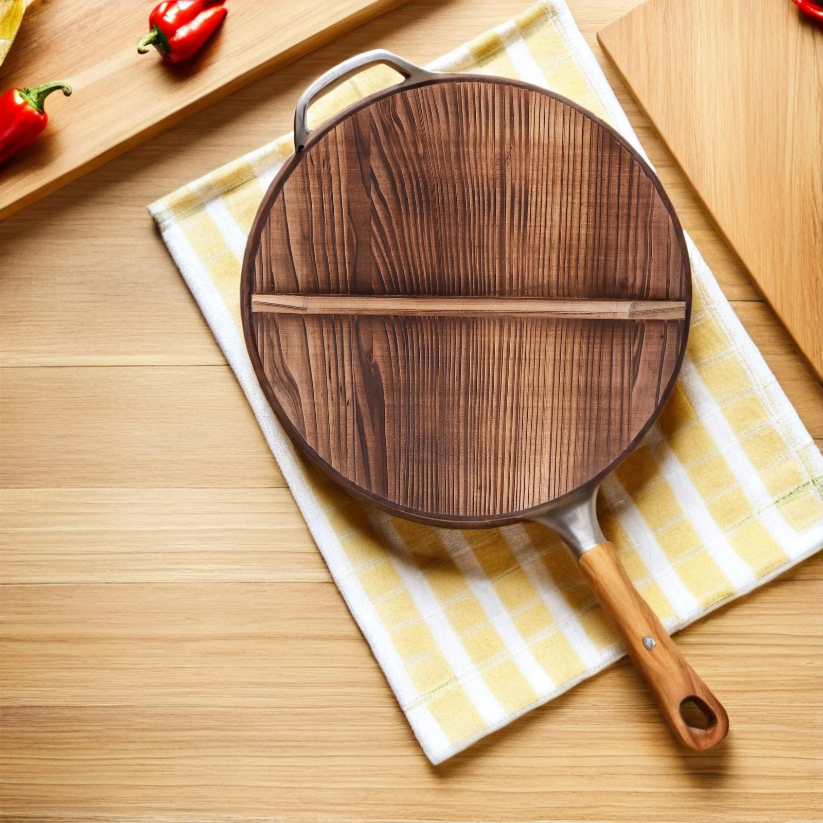 

Wood Wok Lid Premium Wooden Pot Cover Non-Slip Grip Retains Steam Fits Various Pans Anti-Overflow Household Kitchen Tool