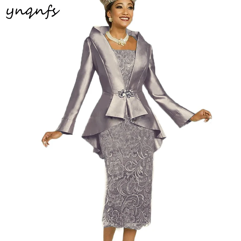 

Women's dress Elegant Tea Length Two Piece Mother of the Bride Dresses with Jacket Bolero Groom Mother Lace Gown Wedding Party