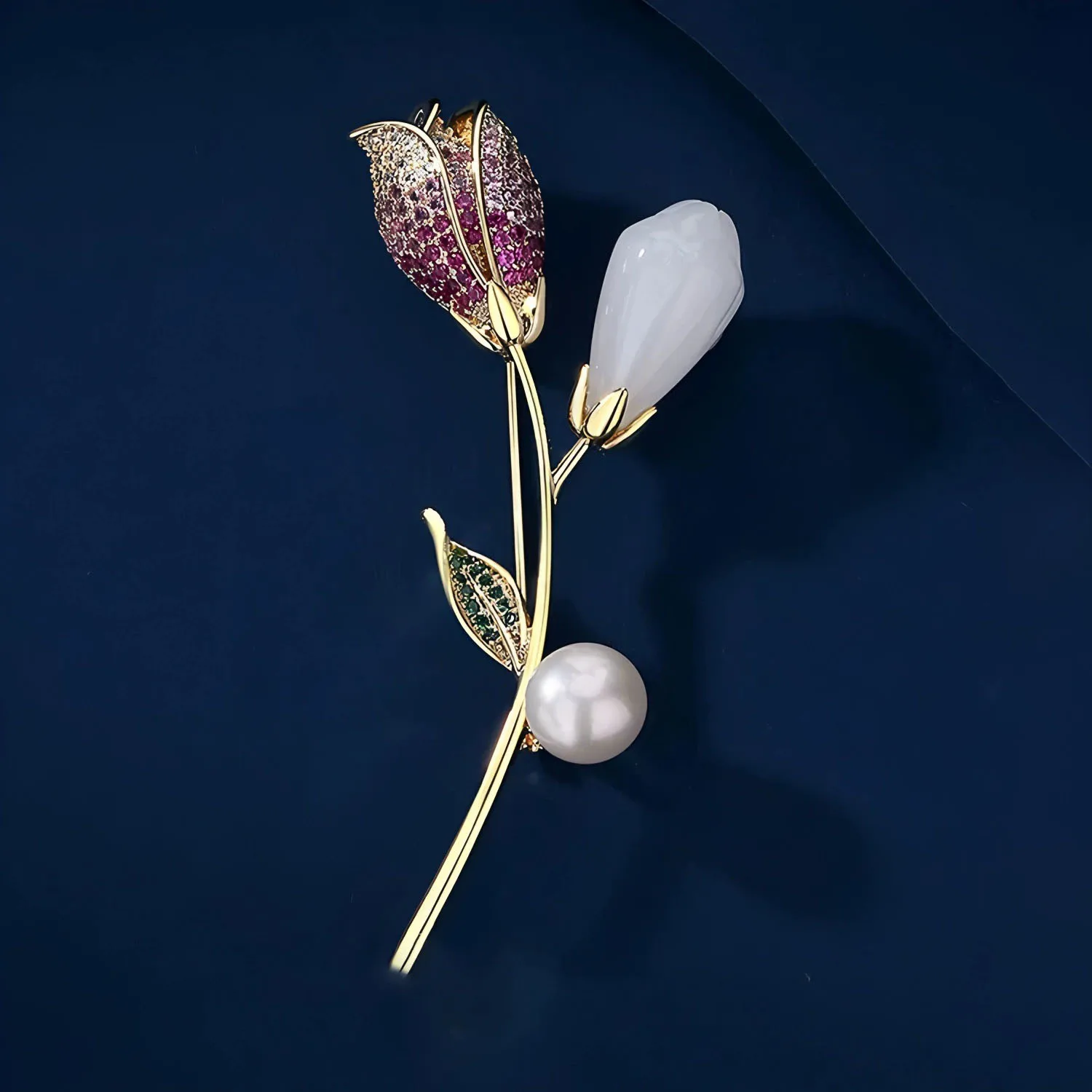 Elegant Gold Color Tone Tulip Brooch Crystal Enamel Pearl Flower Pin For Women Suit Coat Scarf Dress Jewelry