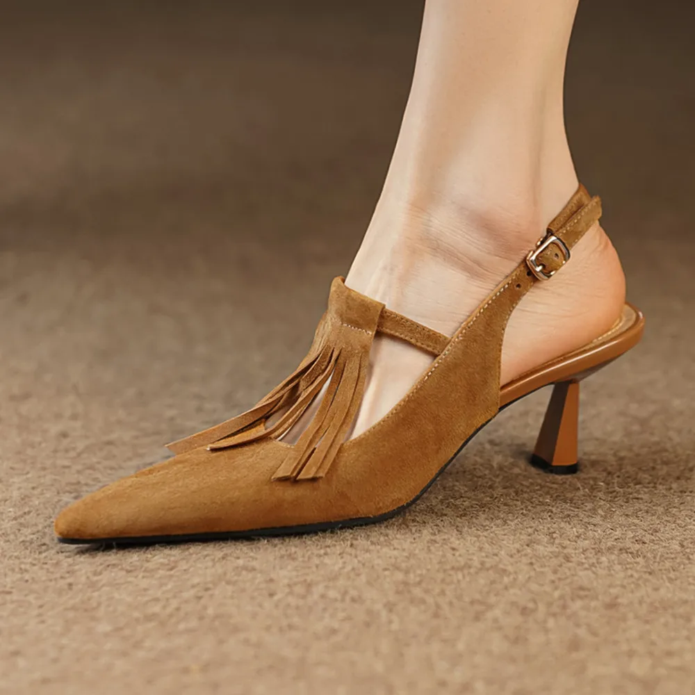 Women's natural suede leather thin high heel slingback pointed toe slip-on pumps elegant ladies fringe daily slim dress sandals