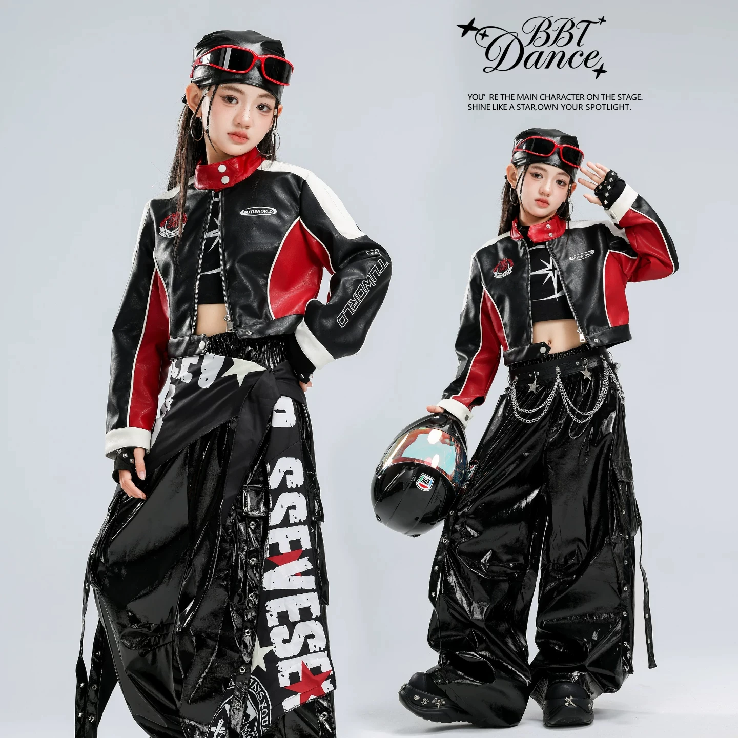 New Children Ballroom Hip Hop Dance Costumes For Girls Group Leather Kpop Outfits Jazz Dance Performance Rave Clothes DQS24401