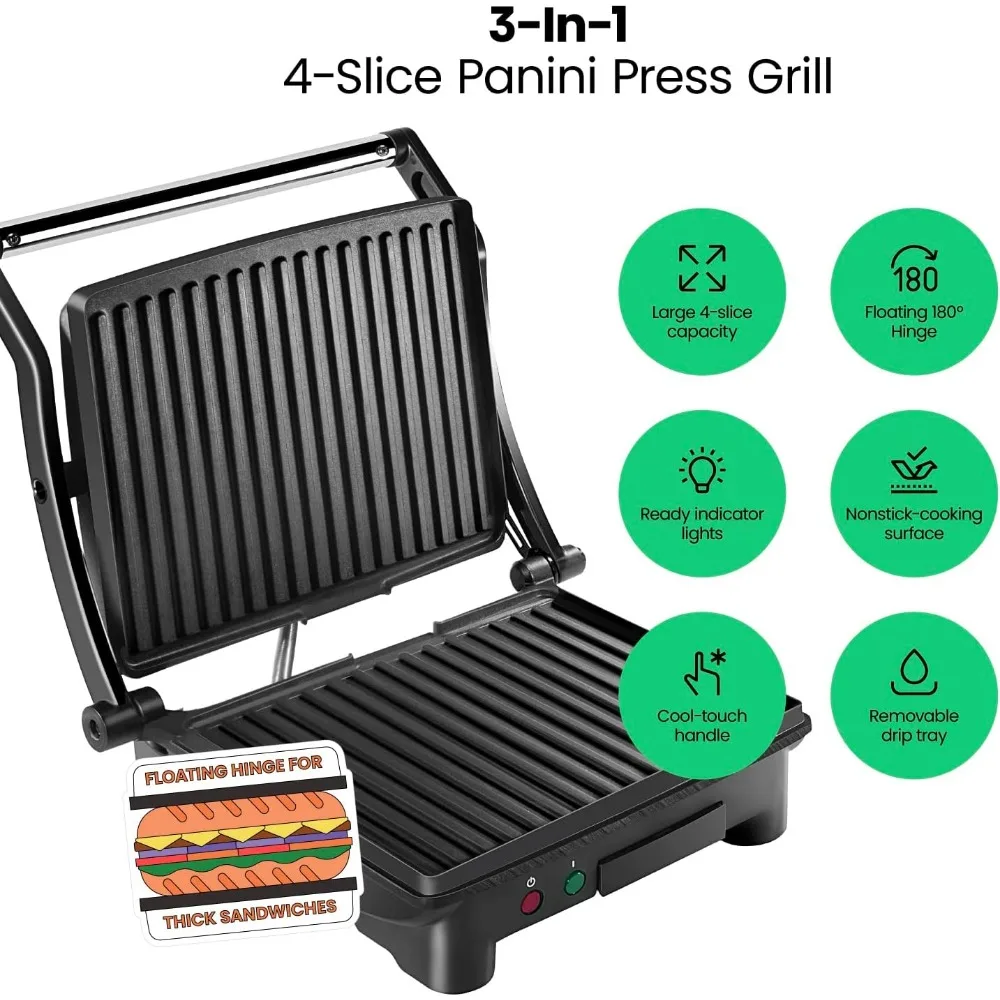 Panini Press Grill and Gourmet Sandwich Maker Non-Stick Coated Plates, Opens 180 Degrees to Fit Any Type