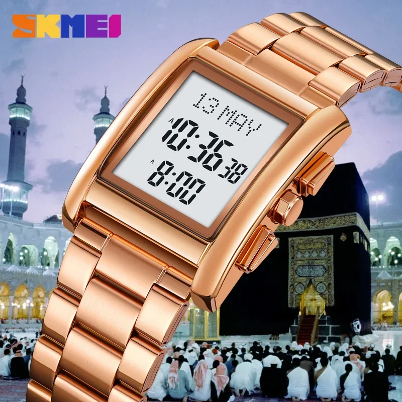 SKMEI Man Wristwatches Luxury Stainless Steel Digital Watches Muslim Philimage Time Remind Qibla Name Display Calendar Clock